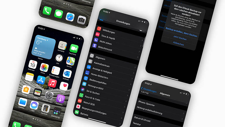 iPhone sicher löschen Mehrere Screenshots vom Vorgang des Zurücksetzens eines iPhones.