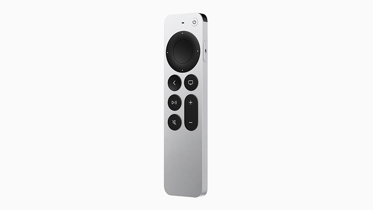 Apple TV 4K Die neue Fernbedienung, Siri Remote genannt, in der Detailansicht.