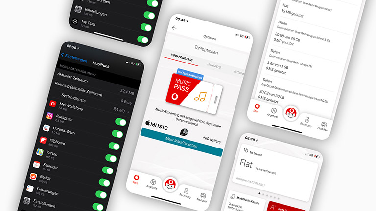 Datenvolumen Screenshot des Datenverbrauchs bei einem Vodafone-Tarif, eines gebuchten Music-Passes und der Daten-Überwachung auf einem iPhone.