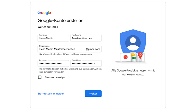 Gmail erstellen Der erste Schritt der Google-Anmeldung mit Feldern für Name, Nutzername und Passwort.