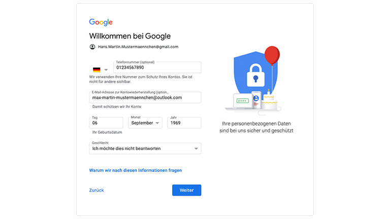 Gmail erstellen Der zweite Schritt der Google-Anmeldung mit Feldern für Telefonnummer, alternativer E-Mail-Adresse, Geburtsdatum und Geschlecht.