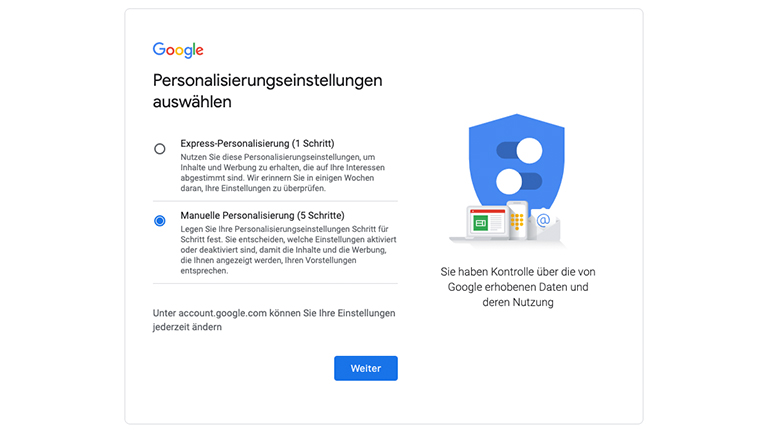 Gmail erstellen Der dritte Schritt der Google-Anmeldung mit der Wahl zwischen der Express- und manuellen Personalisierung.