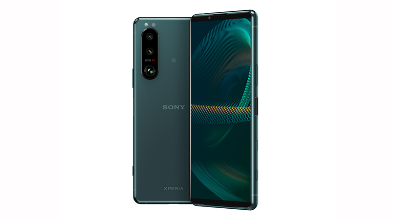 Produktbild eines Sony Xperia 5 III, das stehend von vorne und hinten zu sehen ist.