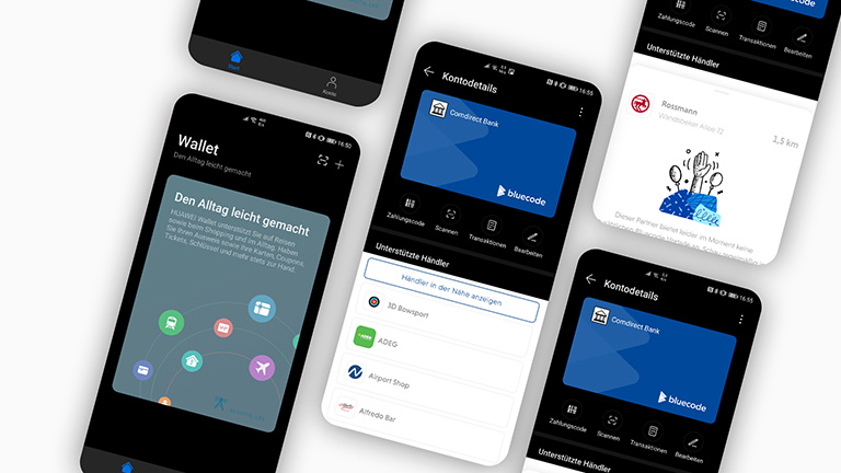 Mehrere Screenshots von einem Huawei-Wallet mit einem hinzugefügten Bankkonto über Bluecode.