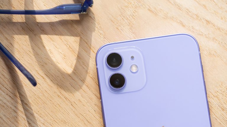 iPhone 12 Nahaufnahme eines violetten iPhone 12. Zu sehen ist die Rückseite mit der Dualkamera und dem Blitz.