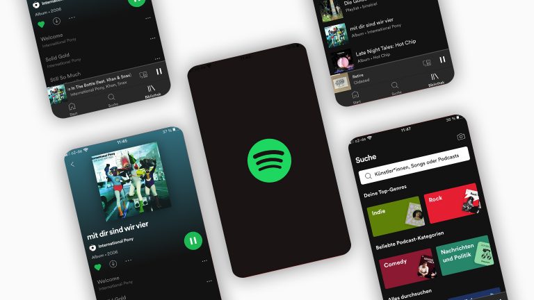Spotify-Family-Account Das Bild zeigt mehrere Screenshots von Spotify, unter anderem die Suchfunktion und die Detailansicht einer Single.