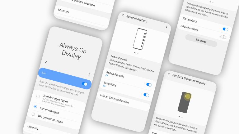 Samsung Galaxy S20: So bekommst du eine Benachrichtigungs-LED Eine Ansammlung von Screenshots, die den Einrichtungsprozess eines Always-on-Displays zeigen.