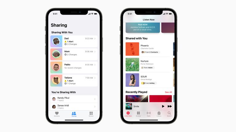 Teilen Die neue Funktion Share with You ist auf zwei Screenshots in unterschiedlichen Apps zu sehen.