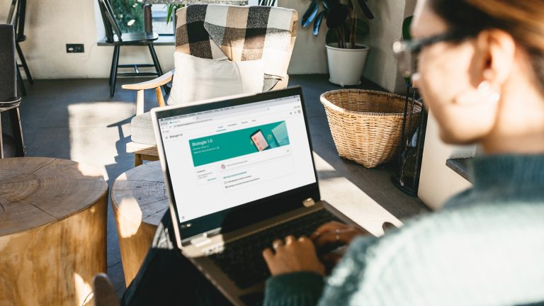 Eine Frau sitzt in ihrem Wohnzimmer und schaut auf den Bildschirm ihres Laptops.