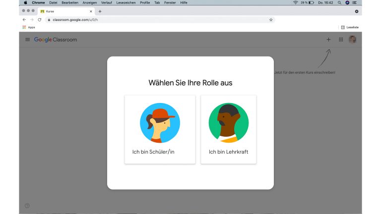 Google Classroom Screenshot Google Classroom, Auswahlfenster Lehrkraft, Schülerin oder Schüler
