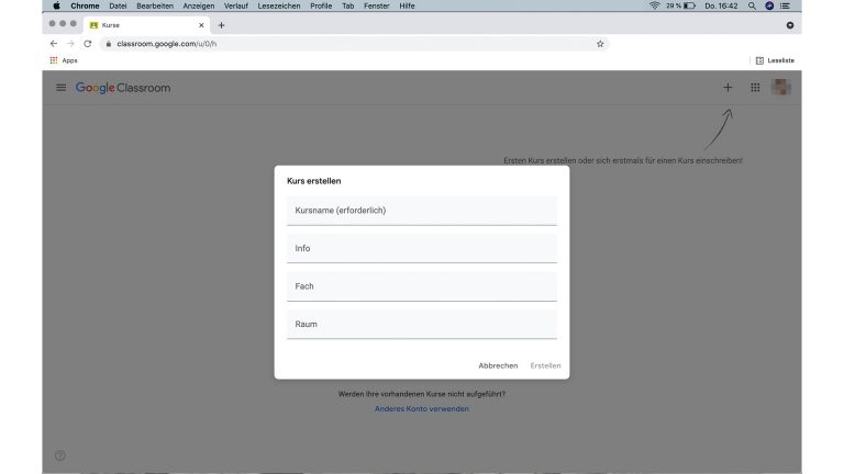 Google Classroom Screenshot Google Classroom, Kurs erstellen.