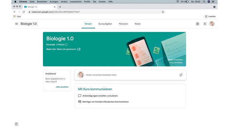 Google Classroom Screenshot Google Classroom, Kommunikation mit dem Kurs.