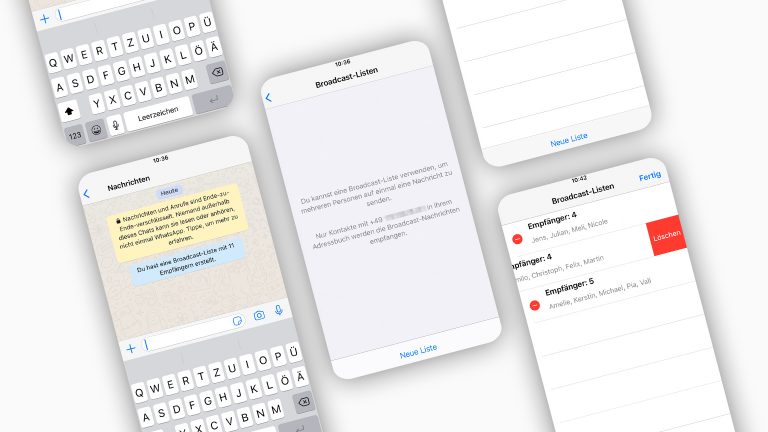 WhatsApp Broadcast Eine Sammlung Screenshots, die zeigt, wie man Broadcast-Listen bei WhatsApp erstellt.