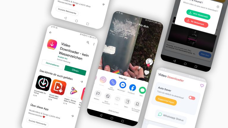 Auf mehreren Smartphones sind Seiten eines Video-Downloaders für TikTok geöffnet.