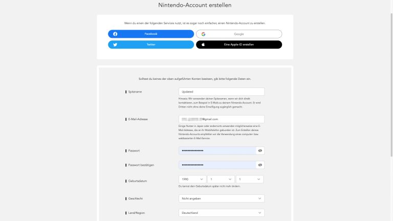 Nintendo Account erstellen Screenshot von der Account-Erstellung bei Nintendo.