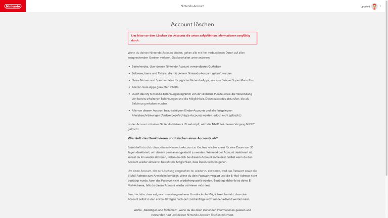 Nintendo Account erstellen Screenshot der Warnung vor dem Löschen eines Nintendo-Accounts.