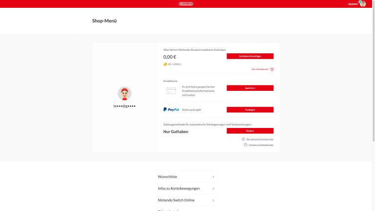 Nintendo Account erstellen Screenshot vom Shop-Menü des Nintendo-Accountsystems.