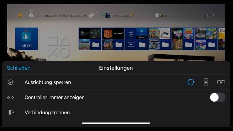 Remote Play Playstation Screenshot des Optionsmenüs in der Remote-Play-App.