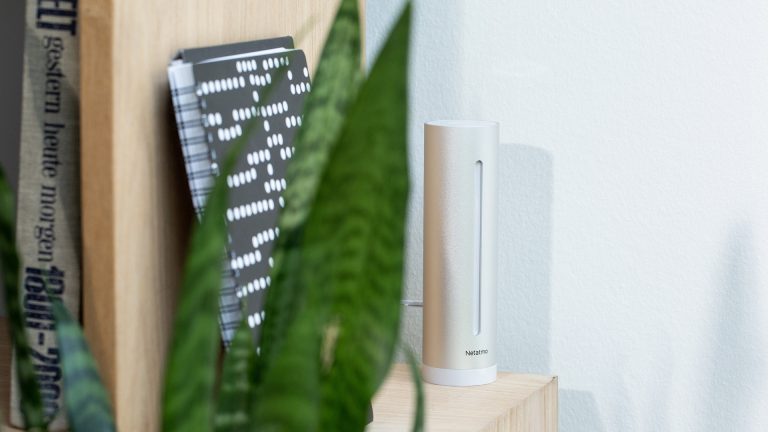 Netatmo Wetterstation Das Innenraummodul von Netatmo steht auf einem Regal neben einer Pflanze.