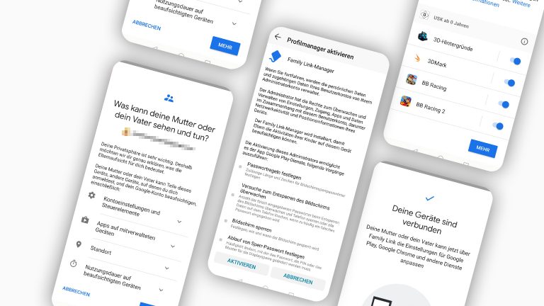 Google Family Link Screenshots der Einstellungsmöglichkeiten am Smartphone der Kinder.