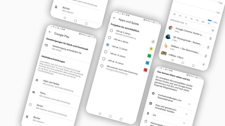 Google Family Link Screenshots der Einstellungsmöglichkeiten am Smartphone der Eltern.