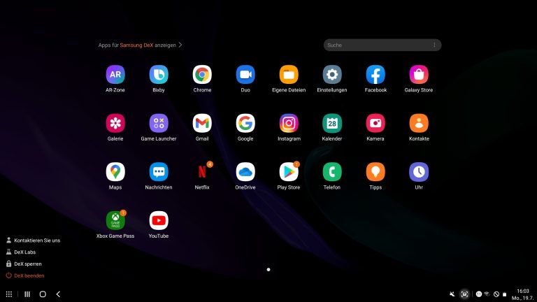 Smartphone als PC Screenshot vom Menü des Desktop-Modus Samsung DeX.