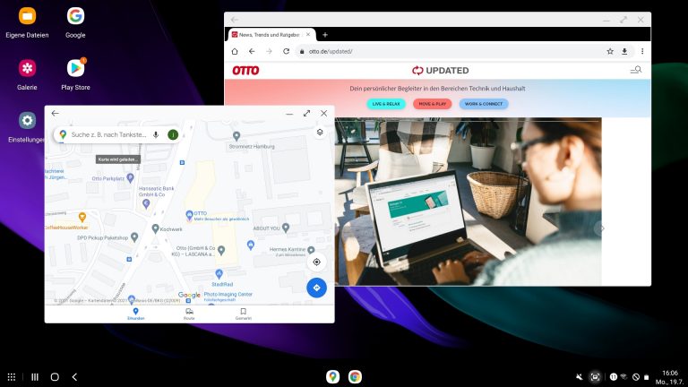 Smartphone als PC Screenshot von zwei geöffneten Fenstern im Samsung DeX Desktop-Modus.