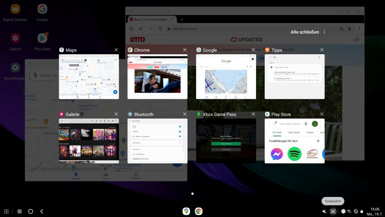 Smartphone als PC Screenshot von der Übersicht der geöffneten Apps im Desktop-Modus Samsung DeX.