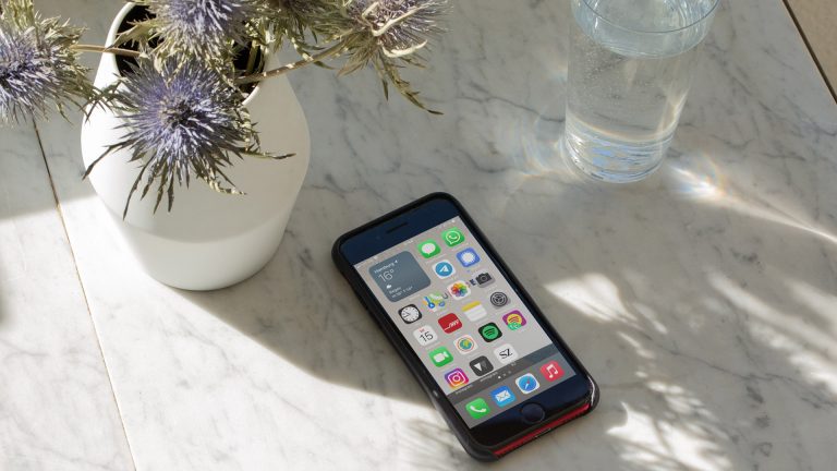 iPhone SE Das Apple iPhone SE liegt auf einem Tisch neben einer Blumenvase.