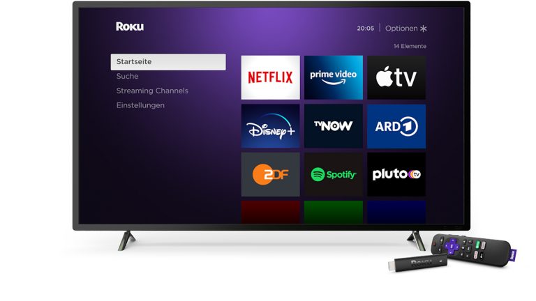 Roku Streaming Stick Produktbild des Roku Streaming Stick 4K mit Fernbedienung neben einem Fernseher.