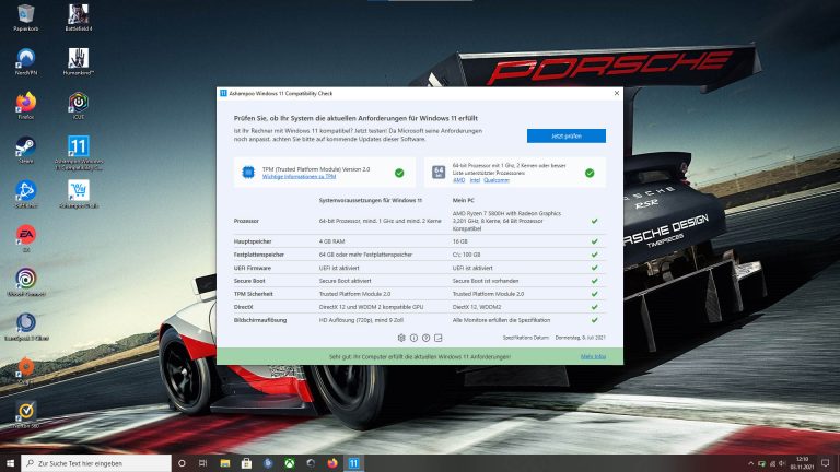 Ashampoo Windows 11 Compability Check Screenshot vom Ashampoo „Windows 11 Compatibility Check“ unter Windows 10.