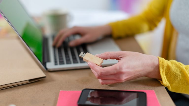 Eine Person hält einen USB-Stick in der Hand und sitzt vor einem Laptop.