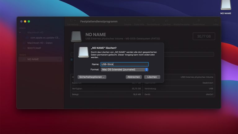 USB-Stick formatieren macOS Screenshot des Formatierens eines USB-Sticks unter macOS.