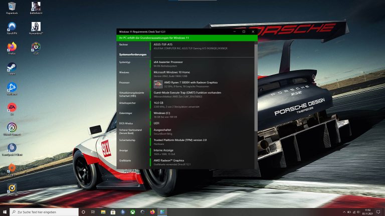 Windows 11 Requirements Check Tool Screenshot vom „Windows 11 Requirements Check Tool“ unter Windows 10.