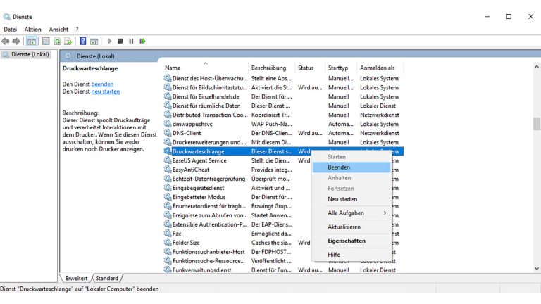 Druckerwarteschlange löschen Screenshot Dienst Druckerwarteschlange beenden