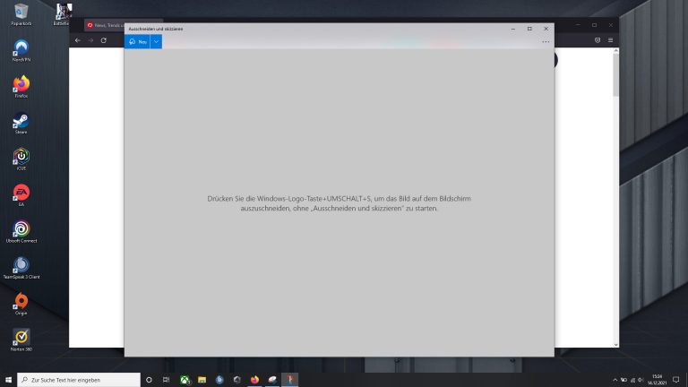 Ausschneiden und skizzieren Screenshot des Tools „Ausschneiden und skizzieren“ unter Windows 10.