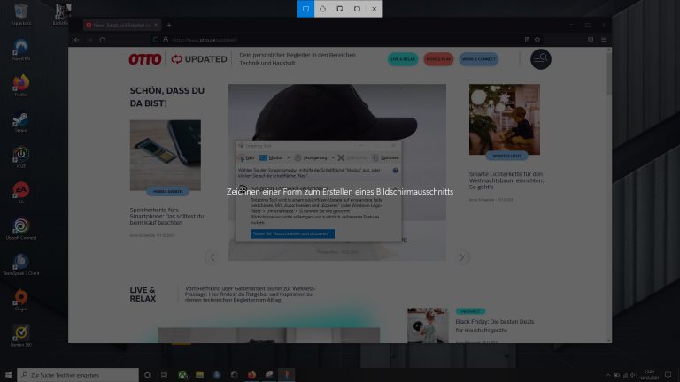 Ausschneiden und skizzieren Screenshot des Tools „Ausschneiden und skizzieren“ unter Windows 10.