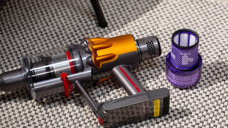 Dyson Staubsauger reinigen Ein abgebauter Filter bei einem Dyson V12.