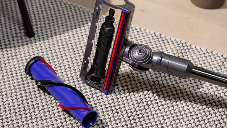 Dyson Staubsauger reinigen Eine ausgebaute Bürste neben einem Dyson V12.