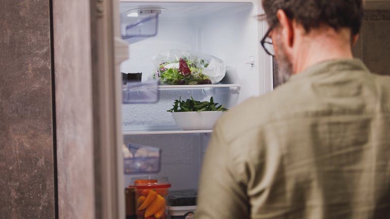 Eine Person blickt in einen Kühlschrank.