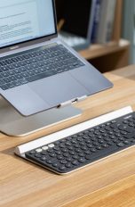 Eine Bluetooth-Tastatur liegt vor einem MacBook.