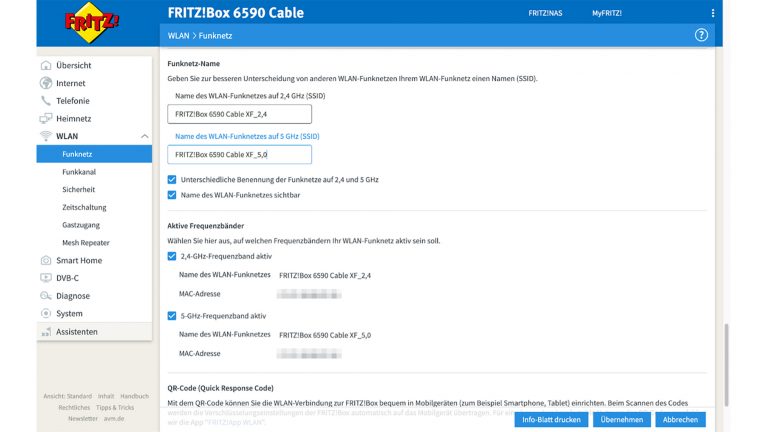 Ein Screenshot zeigt das Routermenü zur Benamung beider Frequenzbänder.