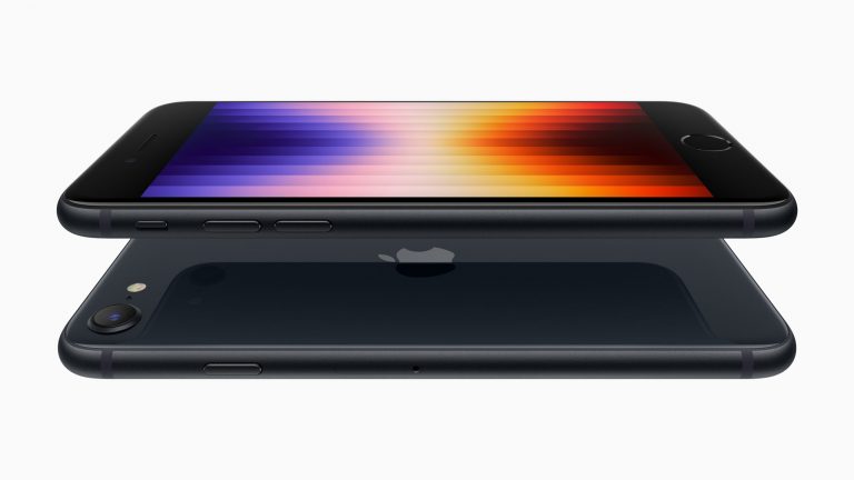 iPhone SE 5G Produktfoto zweier iPhone SE in Schwarz, die übereinander schweben.