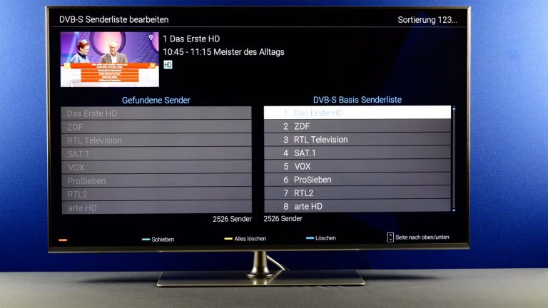 Panasonic-TV: Sendersuchlauf und Sender sortieren Screenshot eines Panasonic-TV, auf dem gerade Sender sortiert werden.
