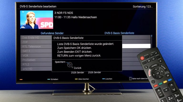 Panasonic-TV: Sendersuchlauf und Sender sortieren Screenshot eines Panasonic-TV, auf dem gerade Sender sortiert werden.