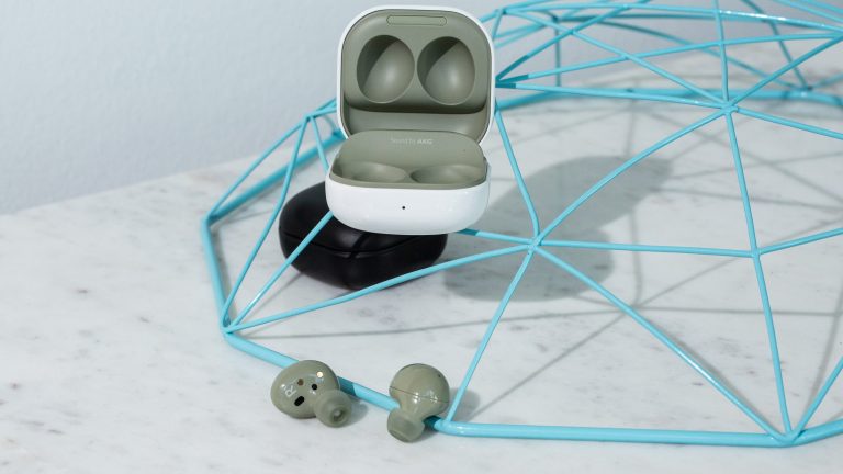 Samsung Galaxy Buds Ein Paar Galaxy Buds2 liegt auf einer Dekoschale, daneben liegt geöffnet das Ladeetui. Ebenfalls im Bild: die Galaxy Buds Pro.
