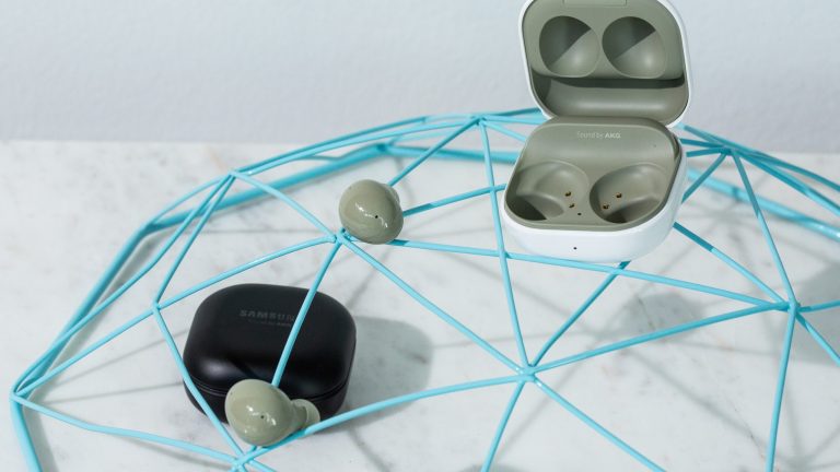 Samsung Galaxy Buds Ein Paar Galaxy Buds2 liegt auf einer Dekoschale, daneben liegt geöffnet das Ladeetui. Ebenfalls im Bild: die Galaxy Buds Pro.