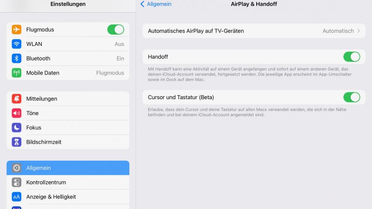 Universal Control iPad Screenshot Systemsteuerung