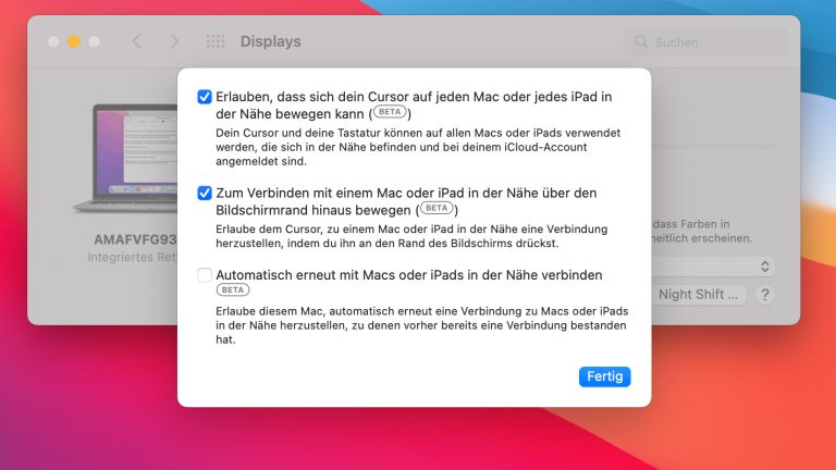 Universal Control Mac Screenshot Systemsteuerung