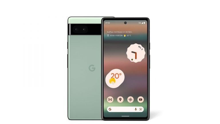 Google Pixel 6a Produktfotos eines grünen Google Pixel 6a, das in zweifacher Ausführung, einmal von vorne und einmal von hinten, zu sehen ist.